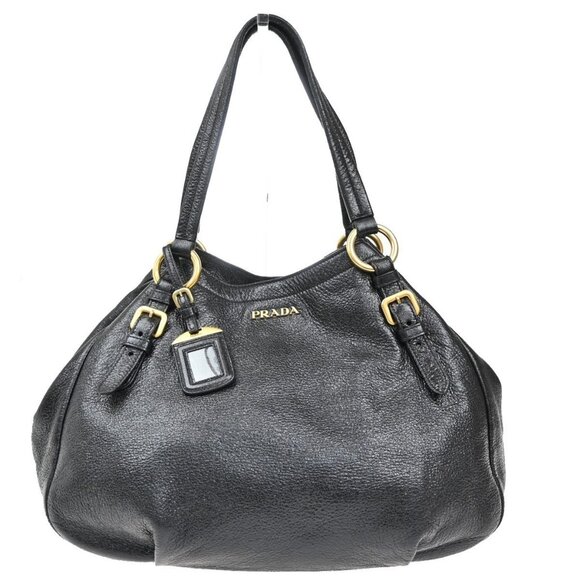 PRADA Logo Shoulder Bag Snap Closure Leather Black Gold Italy - Picture 1 of 16